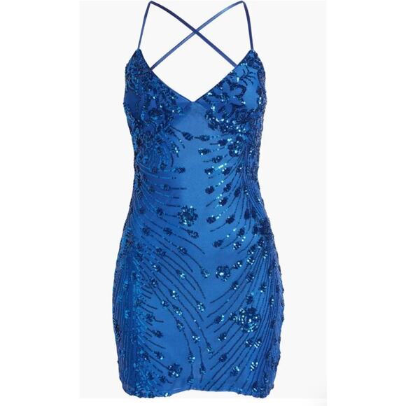 NWT Lulus Keep Glowing Floral Sequin Mini Dress Blue Size Large - Picture 3 of 10